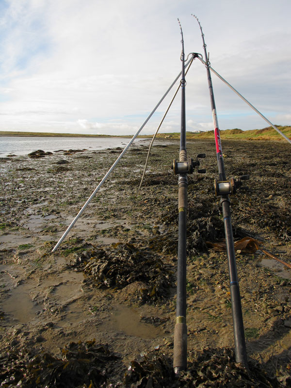 two rods on a tripod waiting for bites