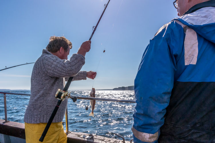 Trip organiser Alan with a small haddock in the sun