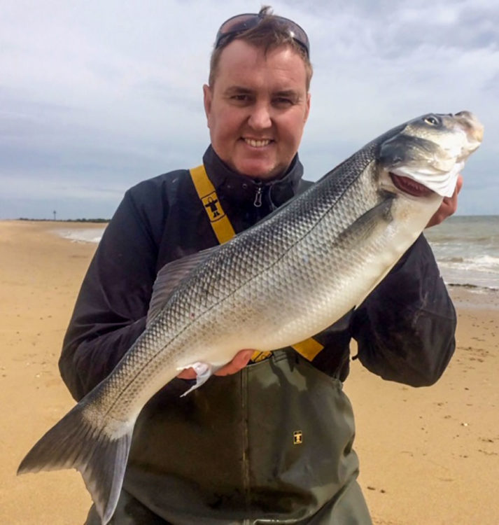Lawrence Chisnall with his 7lb 3oz bass caught on ragworm