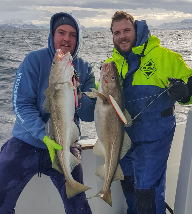 Anthony and Liam with cod on the lures when cod fishing in Norway