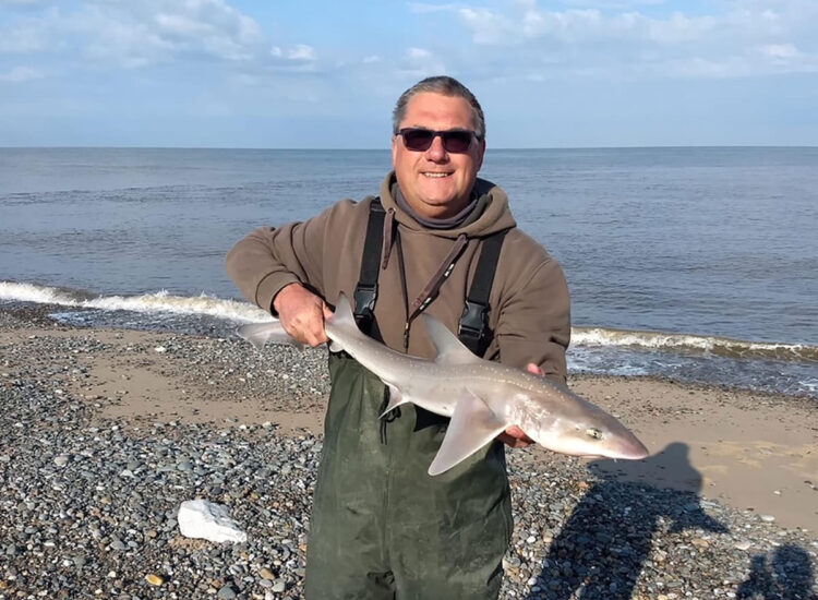 Andy Denton with a smoothhound caught at low water